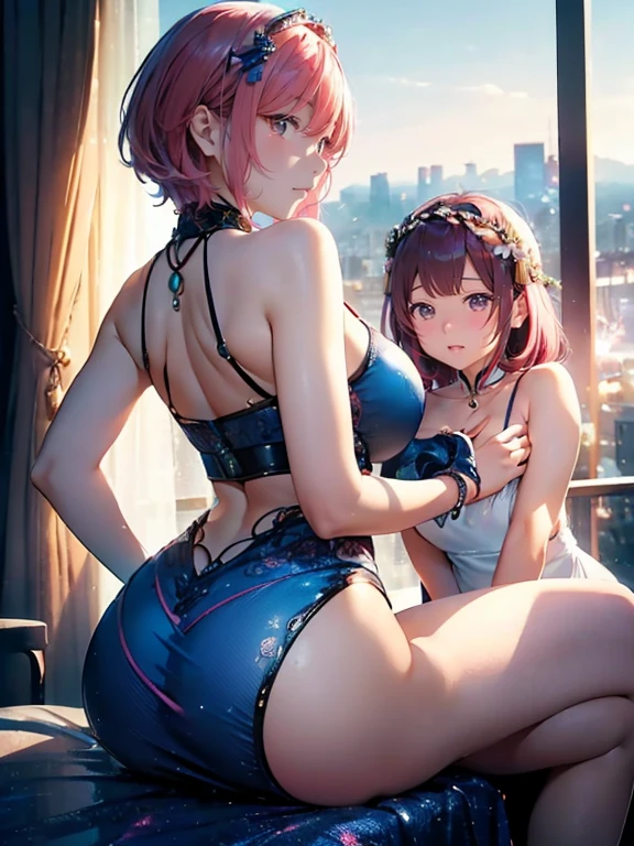 (top-quality,High resolution,(Ultra high definition,4K), (超A high resolution,in 8K),masutepiece:1.2), (Perfect Anatomy,Anatomically accurate), (Angle from below), (Soft lighting, rendered), ((very beautiful goddess mother and daughter)), ((detailed goddess)), (((party dress))), ((Beautiful view from the lounge of a luxury hotel)), (Goddess mother and daughter arm in arm), (from the rear, Look back:1.2), (fascinated expression), (extremely detailed and beautiful face), (Crisp double eyelids), (Large breasts:1.3), (Soft skin), (Photorealistic), (shinny skin), (pinkhair), (Pixie Cut)