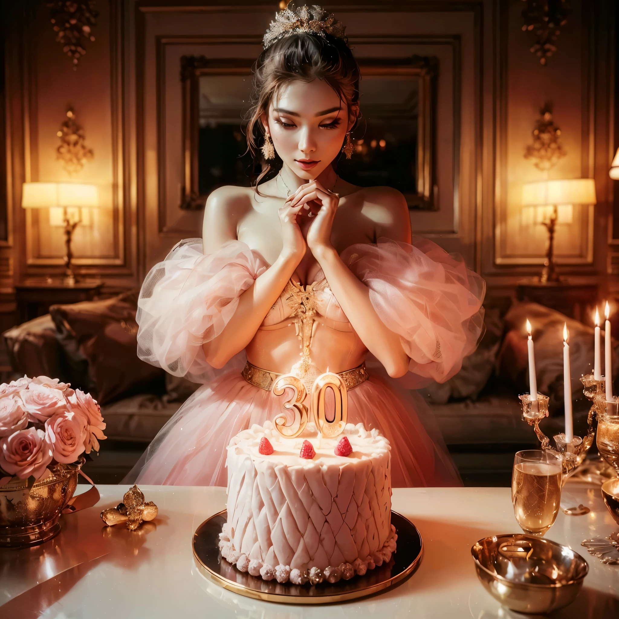 generate a lady with large breast wearing pink luxury dress and celebrating her 30th birthday, there is a beautifull and delicious birthday cake in front of her with candle 30 number on i, inside luxury hotel hall, masterpiece, detail, 8k, masterpiece, best quality:1.2),,(8k,highres,RAW photo,realistic,photo-realistic:1.3),(detailed skin texture,detailed cloth texture,beautiful detailed face:1.25),professional lighting,photon mapping,beautiful soft light,radiosity,physically-based rendering,raytracing, model shoot style, model shoot style, (extremely detailed CG unity 8k wallpaper), full shot body photo of the most beautiful artwork in the world,