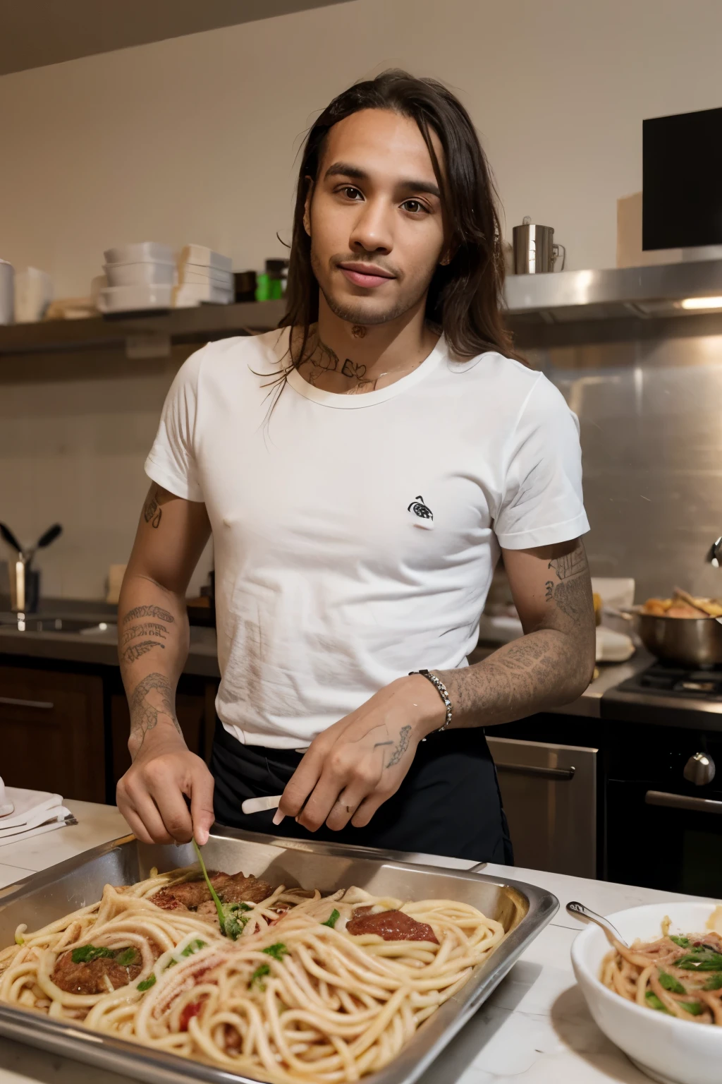 Handsome man with long brown hair cooking on the kitchen, looking sideways