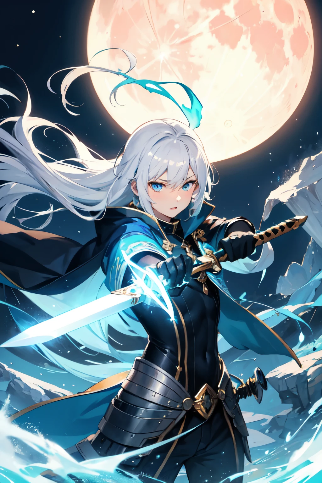 Libido boy,combats,Libido boy,White hair,Hold the sword in your right hand,Send magic with your left hand,attacking,irate,blue color eyes,moon behind sky、ground cliff,Blackn clothes,irate to the extreme,in a panoramic view