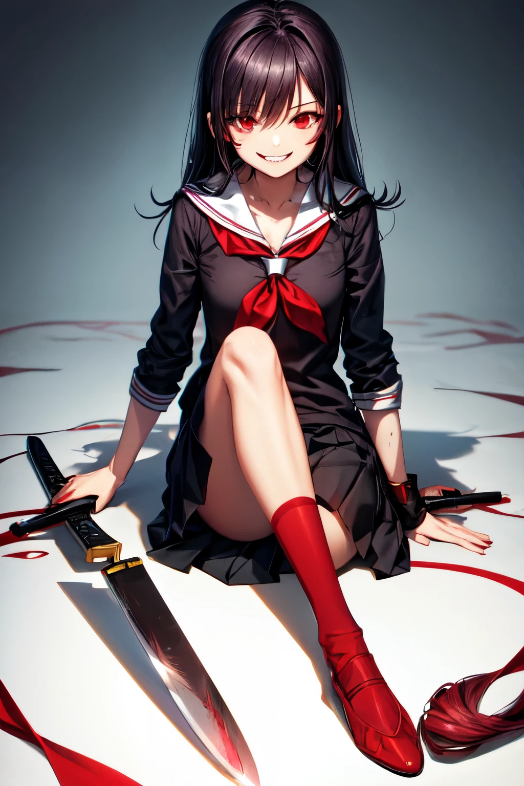 yandere, scary, girl, creepy, red eyes, smiling, school, hurt, holding knife, shush pose.