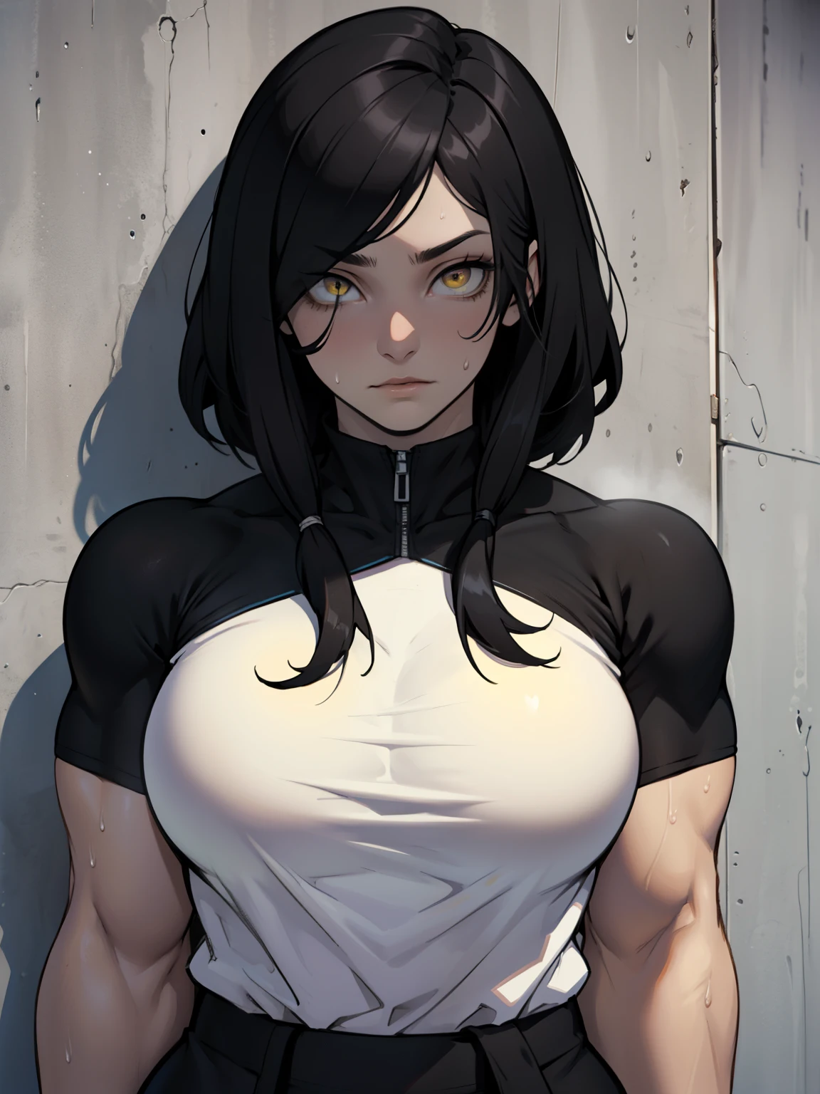 expressionless (((muscular girl large breasts thick))) pale skin black hair yellow eyes sweaty drop shadow waistup highly detailed detailed eyes detailed eyes detailed eyes