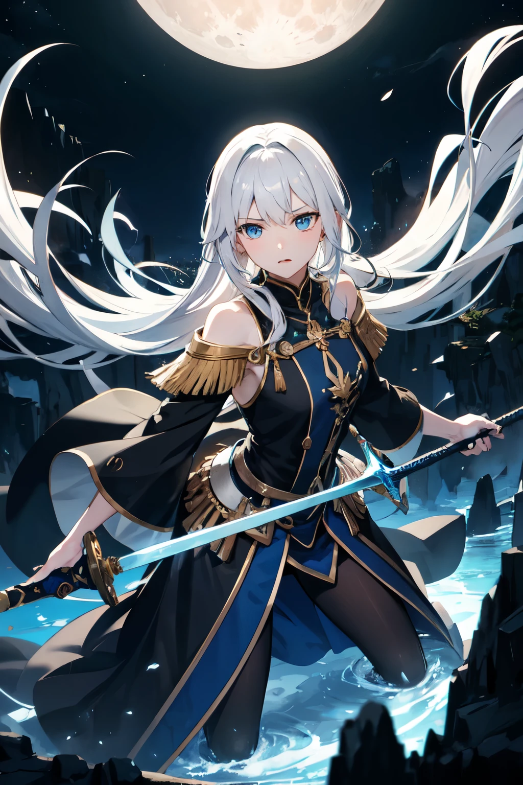 Libido boy,combats,Libido boy,White hair,Hold the sword in your right hand,Send magic with your left hand,attacking,irate,blue color eyes,moon behind sky、ground cliff,Blackn clothes,irate to the extreme,in a panoramic view