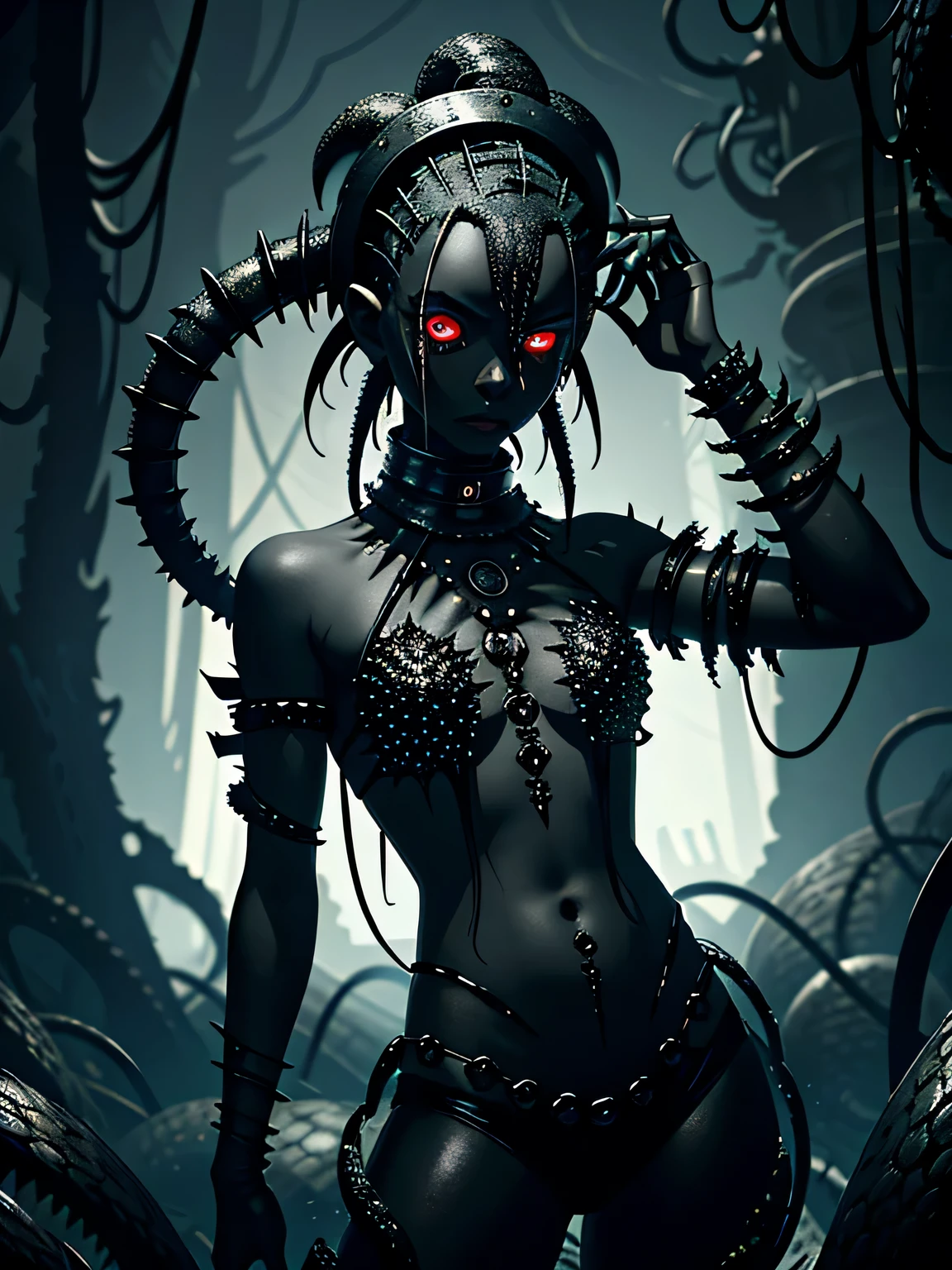 (horror art), darkness tentacle biopunk horror landscape, Dark Demon Girl, ((dark Ash Skin)), black skin, Ash Skin, long black and white hair, dark eyes, open belly, metal collars, iron rings, ((black crystals)), (steel hooks), mechanical hooks, highly detailed art, dark tentacle library