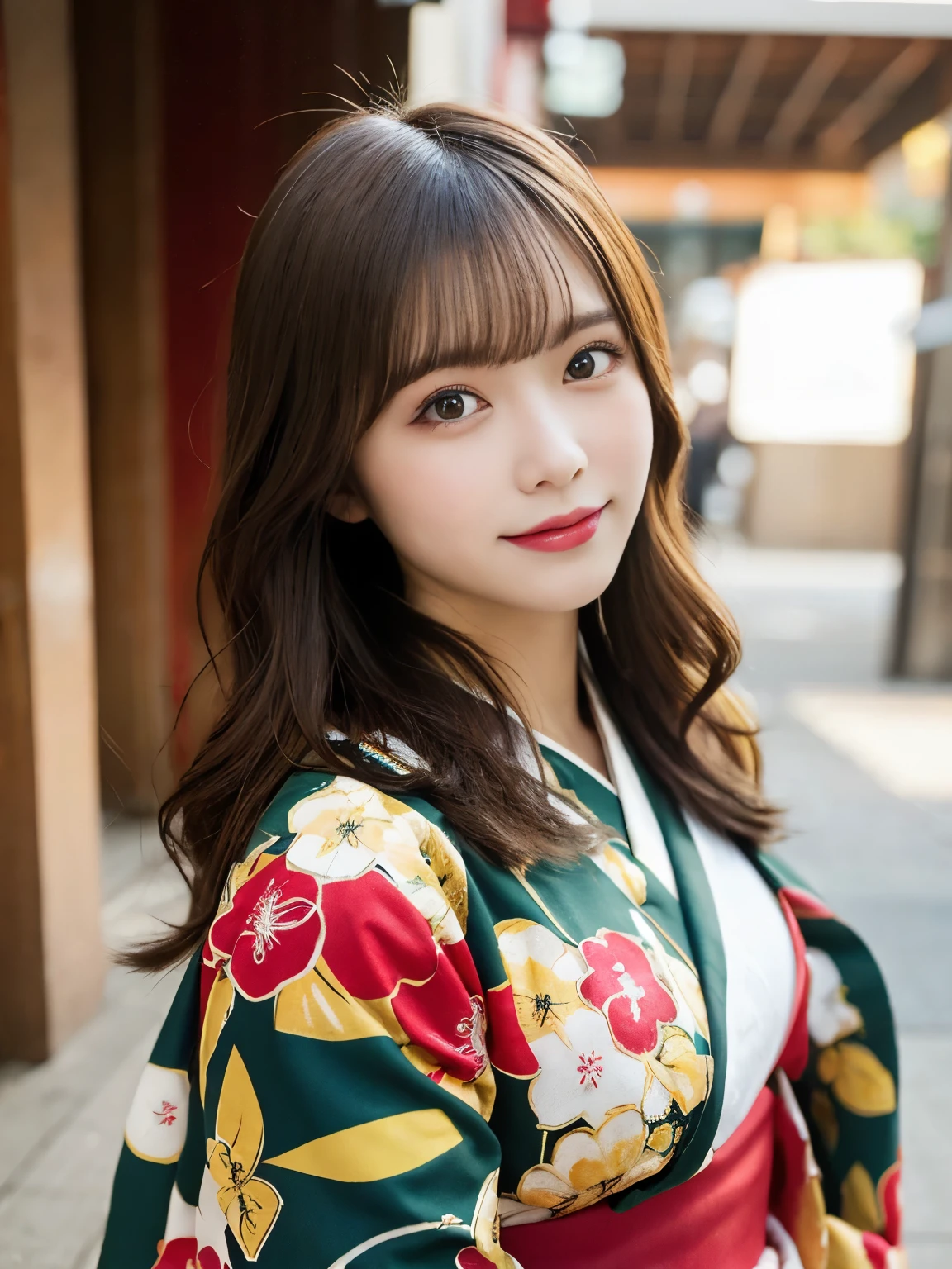 masutepiece, Best Quality, Illustration, Ultra-detailed, finely detail, hight resolution, 8K Wallpaper, Perfect dynamic composition, Beautiful detailed eyes, She wears a red kimono,Medium Hair,Natural Color Lip, Bold sexy poses,Smile,Harajuku、20 years girl、Cute、Sexy shot looking at camera、C Cup、Brown hair、cacique#39;s face、Blurred shrine background