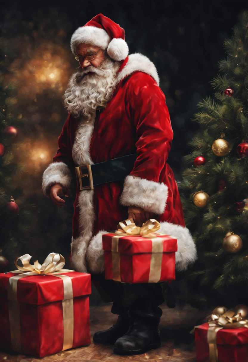 (best quality, 4k, 8k, high resolution, masterpiece: 1.2), ultra detailed, (realistic, photorealistic, photorealistic: 1.37), intricate details,Santa Claus leaving gifts under a Christmas tree