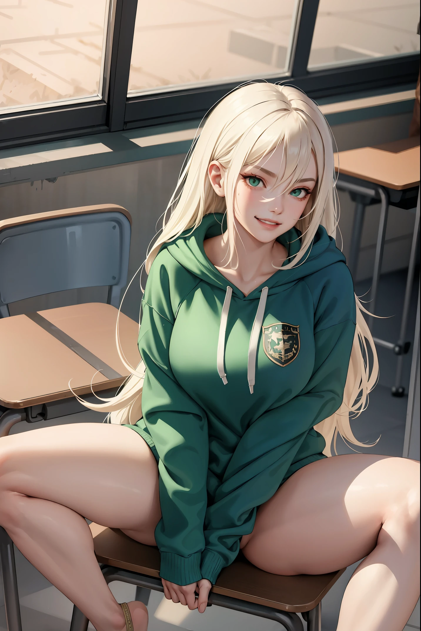 (masterpiece:1.2, best quality), (real picture, intricate details), 1lady, solo, upper body, showing legs, ???????????, legs spread, ????????? showing panties, sitting down, school, school settings, long hair, minimal makeup, detailed face, evil smirk, evil expression, mean, really long light platinum blonde hair, bangs, hair between eyes, green eyes, big plump ???????, big ???, SFW, clothes, ???? thighs, thighs, ????????, ???? legs, oversized hoodie, hoodie, ???? legs and hoodie, hoodie and ???? legs, (school classroom), (school), (mean smile), (mean girl), (???????????), (?????????)