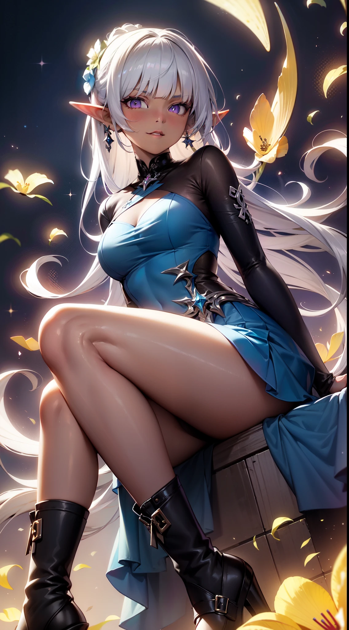((masterpiece, best quality)), official art, 8k wallpaper, ultra detailed, mature dark elf girl, ((dark blue and white dress)), girl in a buble, sitting, flowers, expressionless, ((White boots)), glass texture, light transmission, spectral light, gradient translucent glass melt, caustic, transparent glass texture, high detail luminescence, (prismatic patterns on hair and clothes:1.3), ((glowing petals encircle and intertwine around her)), watercolor, watercolor style, splatter, vibrant color, art by Artgerm, by Kawacy, by Yoshitaka Amano, BREAK, highly detailed of (dark elf), (1girl), solo, perfect face, details eye, Blunt bangs, (hair between eye), white hair, violet eyes, BREAK, eyelashes, eyeshadow, pink eyeshadow, (dark skin:1.2), glaring, smile, medium breast, BREAK, extremely detailed, Dutch angle,