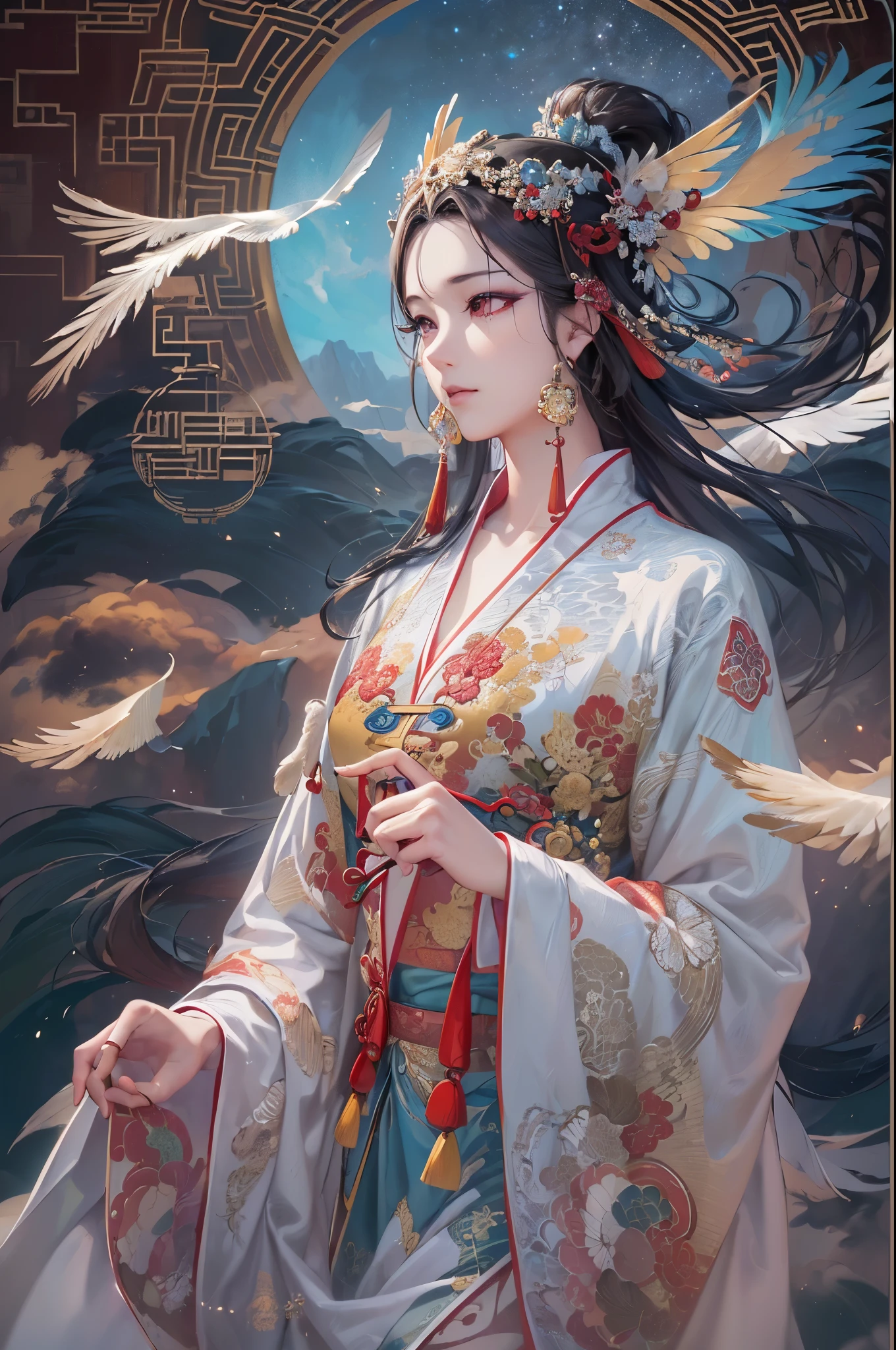 ((Finest quality)),(超A high resolution),(ultra-detailliert),(Meticulous portrayal),((Best CG)),(Finest works of art),Ultra-Precision Art,The art of astounding depiction,(Chinese-style fantasy art with detailed depictions:1.5), (one celestial maiden:1.8),Beautiful and well-groomed face,Beautiful down to the tips of your toes,(plumage:1.8)