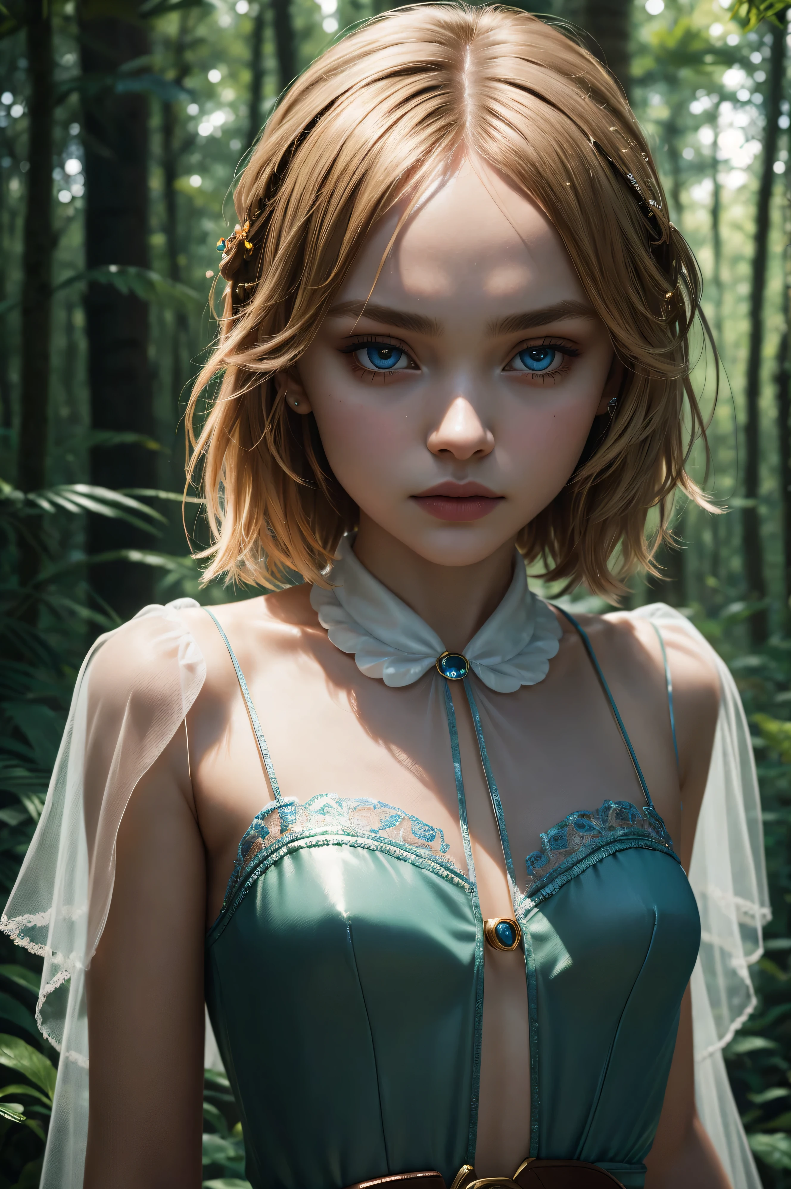 Lily-Rose Melody Depp, wearing Super Mario Bros costume transparent. professionally retouched, soft lighting, realistic, smooth face, perfect eyes, sharp focus on eyes, 8 k, high definition, insanely detailed, intricate, elegant. stand against the background of the forest.