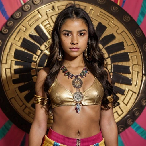 A beautiful Aztec girl, , beautiful body, full body, beautiful well-defined eyes, light brown skin, perfect thighs, dark curly hair, colorful feather plume, shiny gold Aztec calendar necklace, 13 years oldface, black hairless xoloescuintle dog on the side, Hyperrealistic, 4k, full HD
