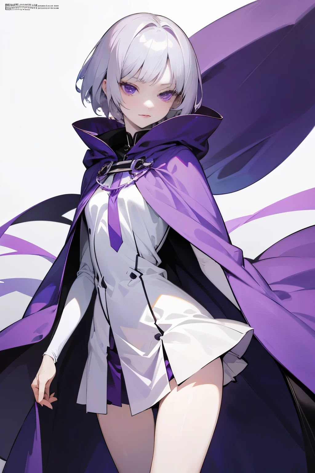 Beautiful and cute girl, pale skin, silver hair, short hair, tomboy hair, purple eyes, miniskirt, cloak and uniform, slender legs, anime style, purple and white uniform, masterpiece, highest resolution.