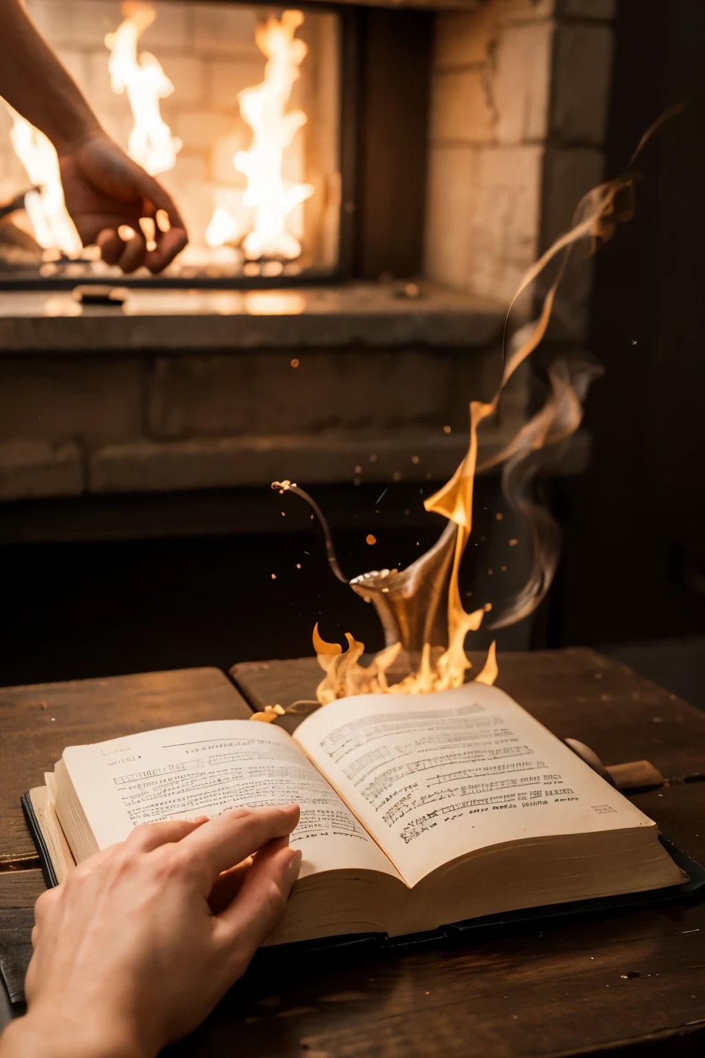 God writing on a book that's on fire