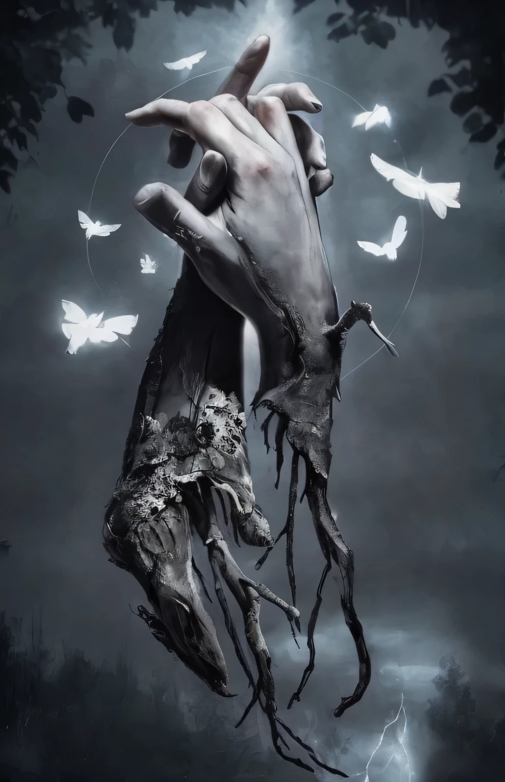 a close up of a person holding a dead hand with birds flying around, eric lacombe, dark surreal art, surreal dark art, hauntingly beautiful art, stefan gesell, guillem h. pongiluppi, bastien lecouffe - deharme, bastien lecouffe deharme, in style of dark fantasy art, by Galen Dara