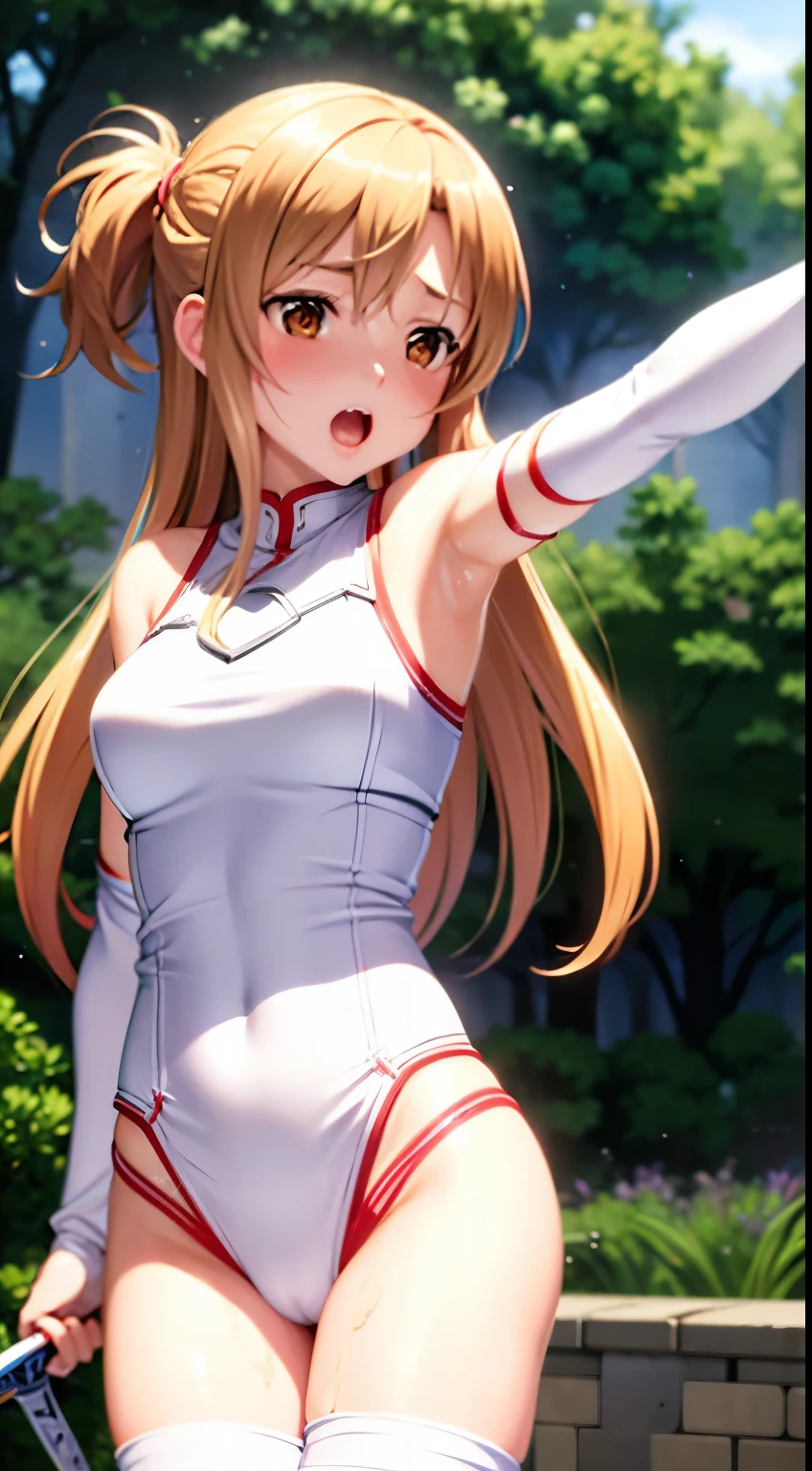 Asuna、浅笑、A sexy、white swimwear、s Armor、floated hair、sword holding、outstretched arm、top-quality、liquid that gives a sexual impression、Sweat sweat、Dripping sweat、anguished expression、Squad Position、masutepiece