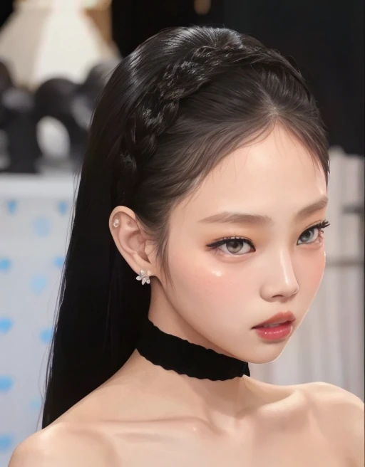 un primer plano de una mujer con un estrangulador negro y una gargantilla, Blackpink Jennie, Jossi de Blackpink, Parque Roseanne de Blackpink, Peinado liso, Lalisa Manobal, Hermosa mujer surcoreana, Cabello largo trenzado negro, cola de caballo pelo negro, Lalisa Manoban de Blackpink, Chica coreana, Cola de caballo larga y negra, portrait of Jossi de Blackpink