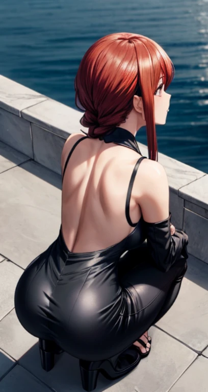 a woman in a Black dress sitting on a ledge, Makima from csm, beautiful anime girl squatting, Makima, thicc, she wears a black dress, Makima, looking from behind, back pose, full growth from the back, in full growth from the back, seductive anime girl, anime woman, Red hair