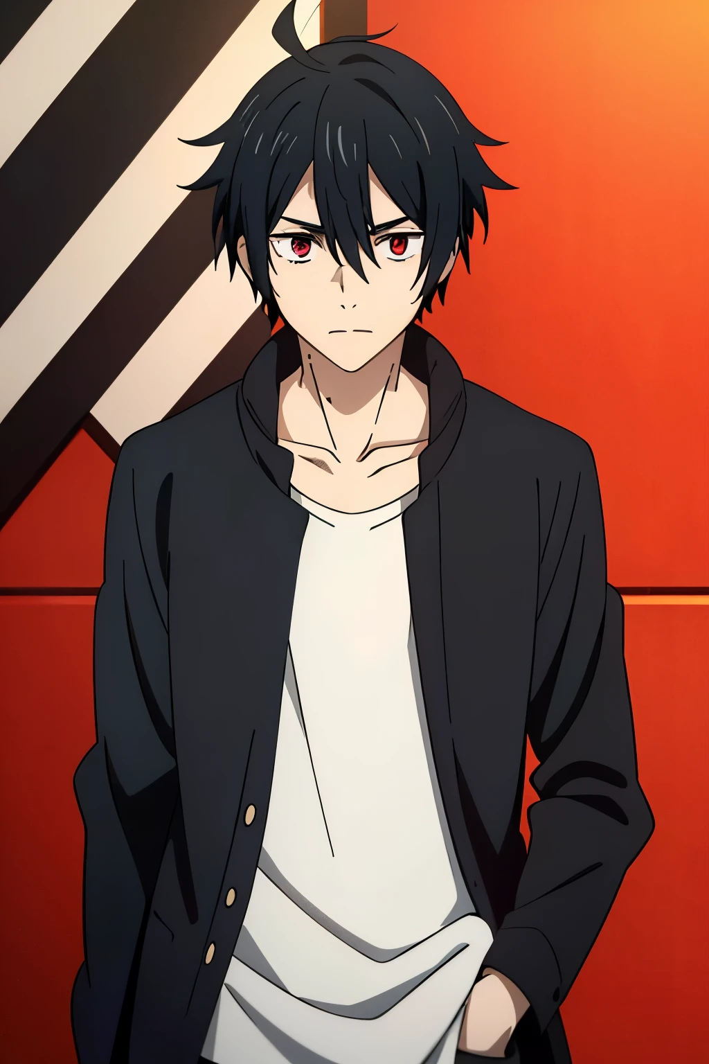 1boy, solo, teenage, black hair, red eyes, ahoge, cowlick, short haircut, black jacket white striped, messy bangs, ahoge, pale skin, skinny