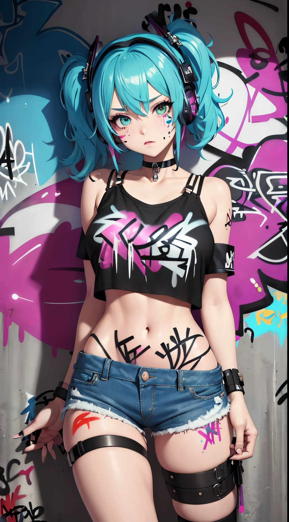 masterpiece, best quality, 1girl, solo, crop top, denim shorts, choker, (graffiti:1.5), paint splatter, arms behind back, against wall, looking at viewer, armband, thigh strap, paint on body, head tilt, bored, multicolored hair, aqua eyes, headset, tight clothes, legs spread wide,