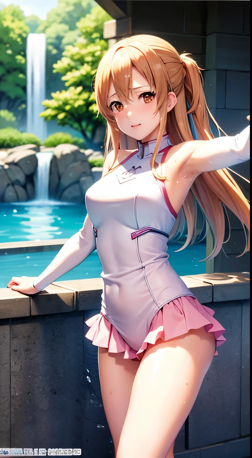 Asuna、浅笑、A sexy、white swimwear、s Armor、floated hair、sword holding、outstretched arm、top-quality、liquid that gives a sexual impression、Sweat sweat、Dripping sweat、anguished expression、Squad Position、masutepiece