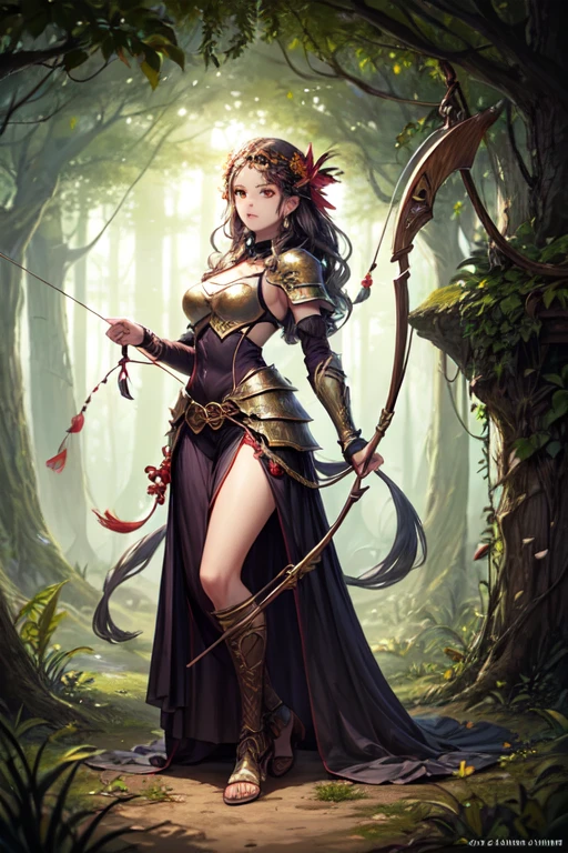 (a high-resolution, realistic) (((Light skinned))) (((white girl))), druid in the style of Dungeons and Dragons, holding a bow, with the bow drawn and taking aim at an orc. The girl is dressed in armor made entirely of leaves. Additional details: The girl has intricate, tribal face paint with earthy colors. Her eyes are sharp and focused, reflecting determination and strength. Her lips are full and slightly parted, showing her concentration as she takes aim. The girl's long, wavy hair is braided with flowers and feathers, adding to her natural and magical appearance. (((full body))), dark jungle with manys beadts lurking The armor she wears is made of large, overlapping leaves that resemble scales, providing both protection and camouflage in the natural surroundings. The leaves have a vibrant green color, emphasizing the druid's connection to nature. Vines and flowers intertwine with the armor, further enhancing the mystical and earthy look. The bow in her hands is made of intricately carved wood, decorated with nature-inspired patterns and symbols. As she pulls back the bowstring, the druid exhibits a graceful and