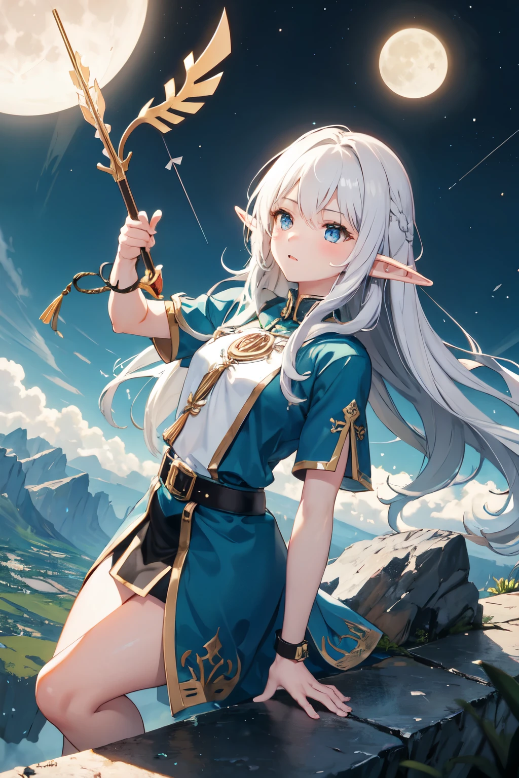 sexy elf woman with white hair, wearing medieval dress having fun dancing around the campfire with crowd under the moon light at the center of medieval forest at midnight.