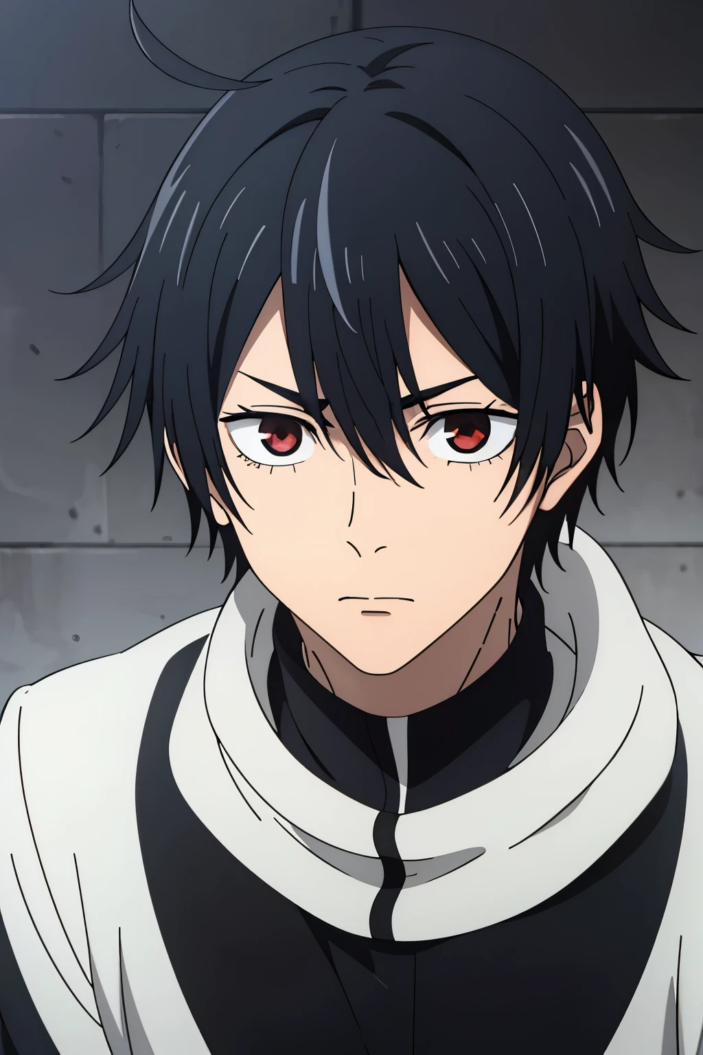 1boy, solo, teenage, black hair, red eyes, ahoge, cowlick, short haircut, black jacket white striped, messy bangs, ahoge, pale skin, skinny