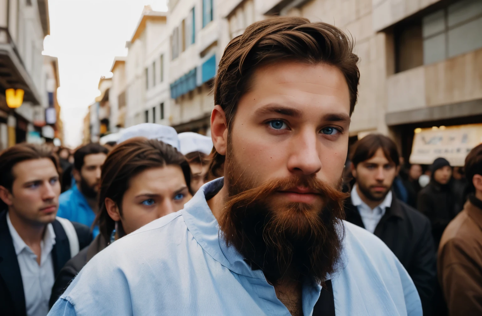 A white man with light blue eyes with beautiful brown hair and a beautiful face with a short beard and behind him a world of people fighting.