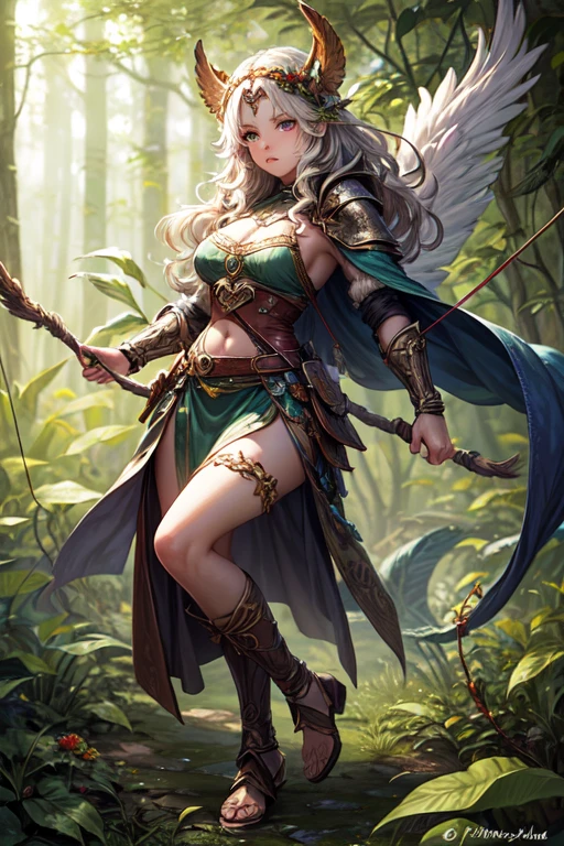 (a high-resolution, realistic) (((Light skinned))) (((white girl))), druid in the style of Dungeons and Dragons, holding a bow, with the bow drawn and taking aim at an orc. The girl is dressed in armor made entirely of leaves. Additional details: The girl has intricate, tribal face paint with earthy colors. Her eyes are sharp and focused, reflecting determination and strength. Her lips are full and slightly parted, showing her concentration as she takes aim. The girl's long, wavy hair is braided with flowers and feathers, adding to her natural and magical appearance. (((full body))), dark jungle with manys beadts lurking The armor she wears is made of large, overlapping leaves that resemble scales, providing both protection and camouflage in the natural surroundings. The leaves have a vibrant green color, emphasizing the druid's connection to nature. Vines and flowers intertwine with the armor, further enhancing the mystical and earthy look. The bow in her hands is made of intricately carved wood, decorated with nature-inspired patterns and symbols. As she pulls back the bowstring, the druid exhibits a graceful and