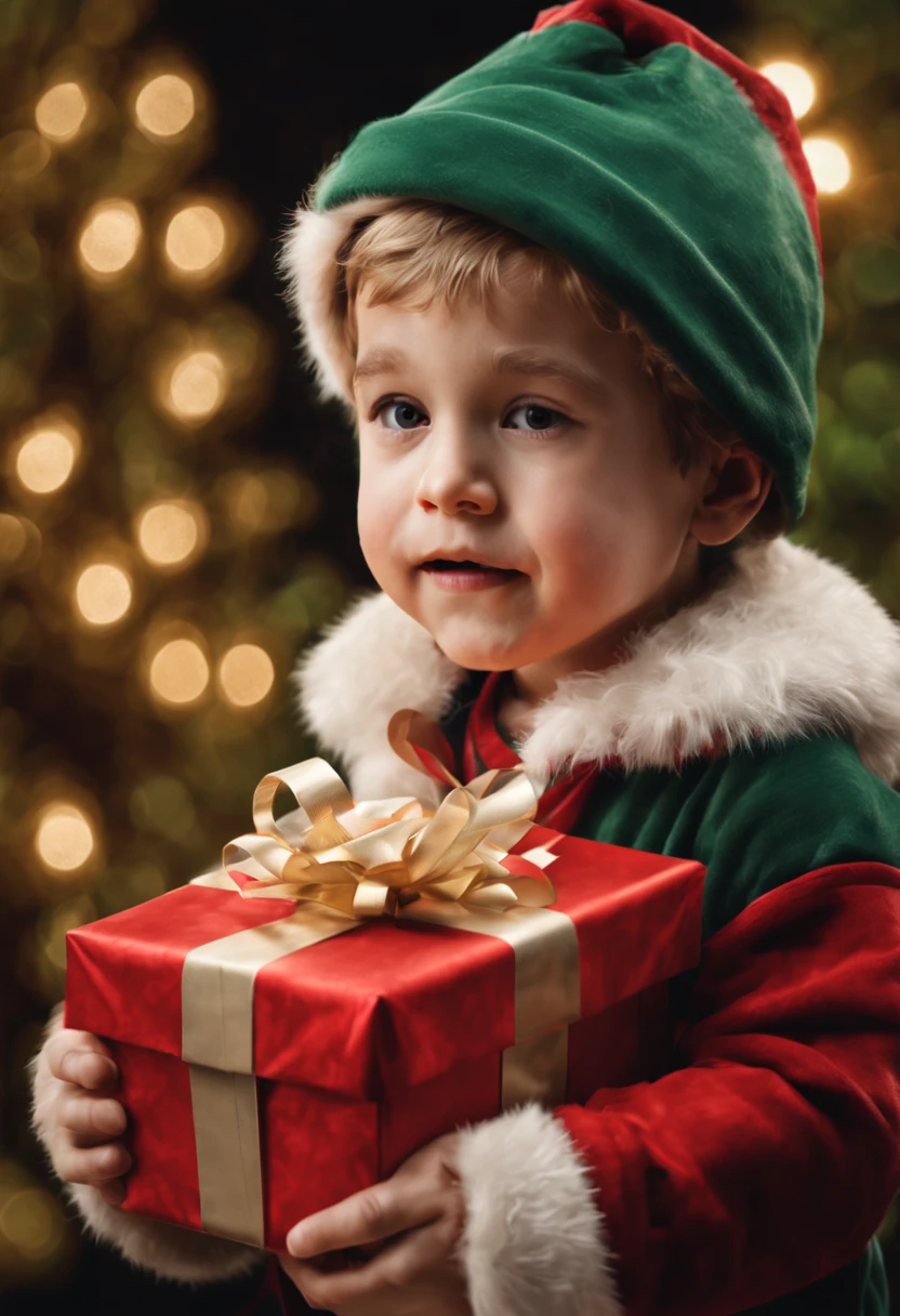 (best quality, 4k, 8k, high resolution, masterpiece: 1.2), ultra detailed, (realistic, photorealistic, photorealistic: 1.37), intricate details,An excited three-year-old boy opens his Christmas present.