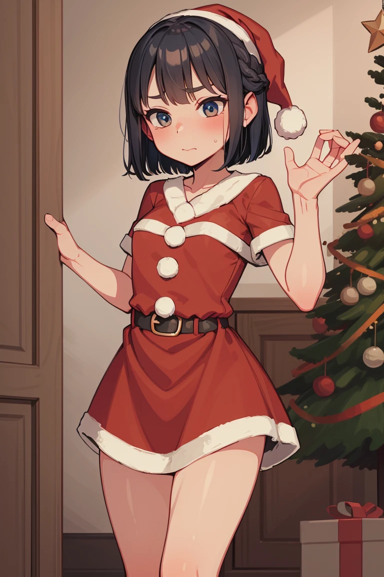 Christmas loli, infront of christmas tree, santa outfit, blue hair,, short hair, short hairl, christmas deco