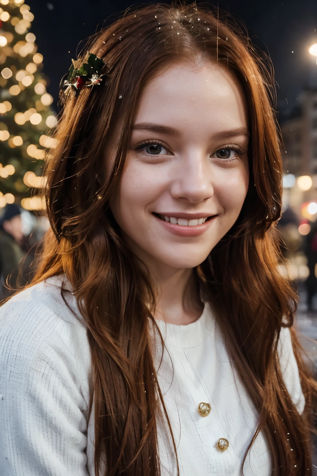 A radiant smile lights up the face of the AI influencer, with long red hair, Ultra high definition images of our AI digital influencer, smiling as she interacts in the square near a Christmas tree in Boston snowing some people with her in the square listening a Christmas musical choir in the square