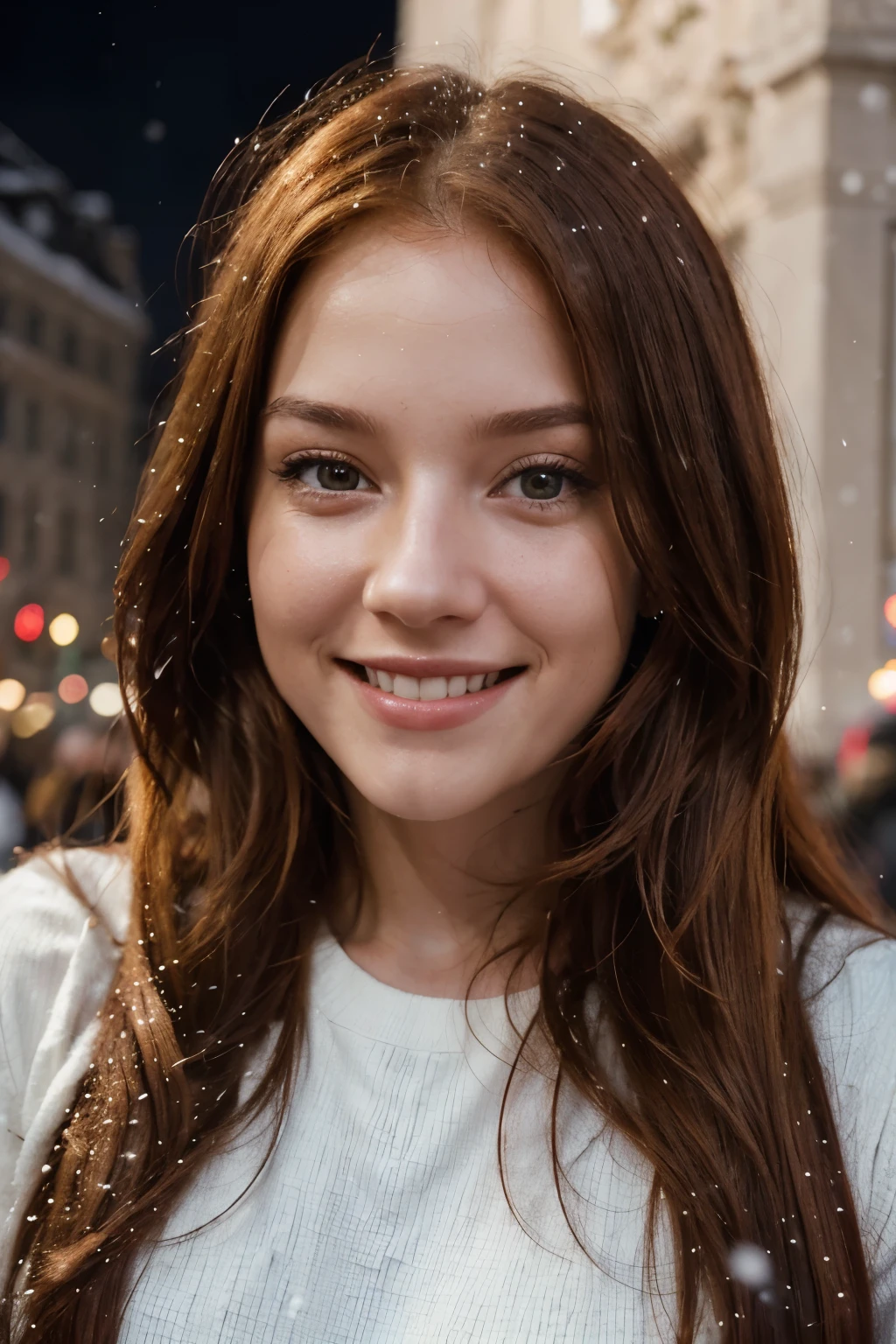 A radiant smile lights up the face of the AI influencer, with long red hair, Ultra high definition images of our AI digital influencer, smiling as she interacts in the square near a Christmas tree in Boston snowing some people with her in the square listening a Christmas musical choir in the square