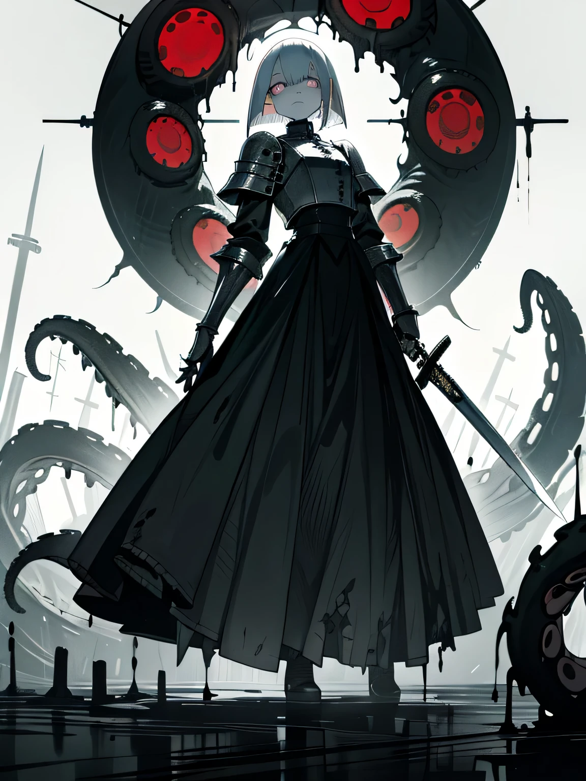 (horror art), ((dark tentacle horror)), dark anime girl, short white hair, (black liquid eyes), pale gray skin, black wounds, ((holding a broken massive sword)), closed clothing, broken iron long skirt, iron long skirt, Pierced plate armor, black oil fluids, refuge, highly detailed art