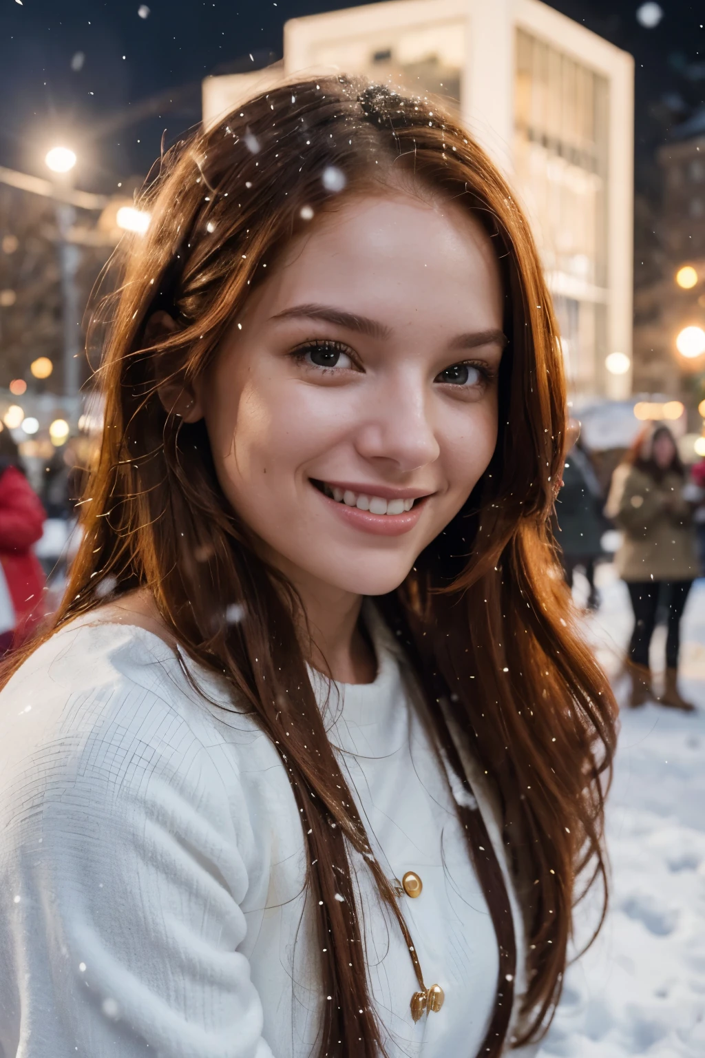 A radiant smile lights up the face of the AI influencer, with long red hair, Ultra high definition images of our AI digital influencer, smiling as she interacts in the square near a Christmas tree in Boston snowing some people with her in the square listening a Christmas musical choir in the square