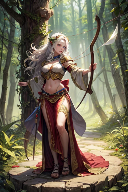 (a high-resolution, realistic) (((Light skinned))) (((white girl))), druid in the style of Dungeons and Dragons, holding a bow, with the bow drawn and taking aim at an orc. The girl is dressed in armor made entirely of leaves. Additional details: The girl has intricate, tribal face paint with earthy colors. Her eyes are sharp and focused, reflecting determination and strength. Her lips are full and slightly parted, showing her concentration as she takes aim. The girl's long, wavy hair is braided with flowers and feathers, adding to her natural and magical appearance. (((full body))), dark jungle with manys beadts lurking The armor she wears is made of large, overlapping leaves that resemble scales, providing both protection and camouflage in the natural surroundings. The leaves have a vibrant green color, emphasizing the druid's connection to nature. Vines and flowers intertwine with the armor, further enhancing the mystical and earthy look. The bow in her hands is made of intricately carved wood, decorated with nature-inspired patterns and symbols. As she pulls back the bowstring, the druid exhibits a graceful, exposed belly