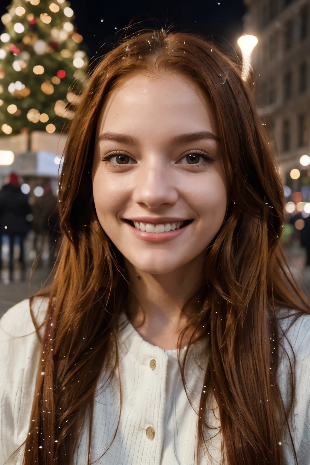 A radiant smile lights up the face of the AI influencer, with long red hair, Ultra high definition images of our AI digital influencer, smiling as she interacts in the square near a Christmas tree in Boston snowing some people with her in the square listening a Christmas musical choir in the square