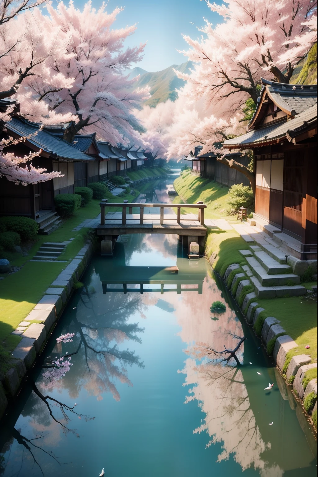 at dawn, cherry trees, Old Japanese settlement by the lake, surrounded by blue water, small bridge and flowing water, Antique Colors, Floral fragrance, Warm as jade, Birds singing and flowers, water city painting, Leisurely, Real Photography, 16K resolution