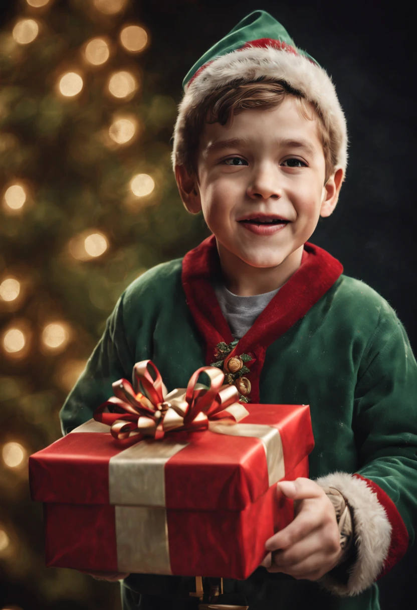 (best quality, 4k, 8k, high resolution, masterpiece: 1.2), ultra detailed, (realistic, photorealistic, photorealistic: 1.37), intricate details,a very excited child opening his christmas gift