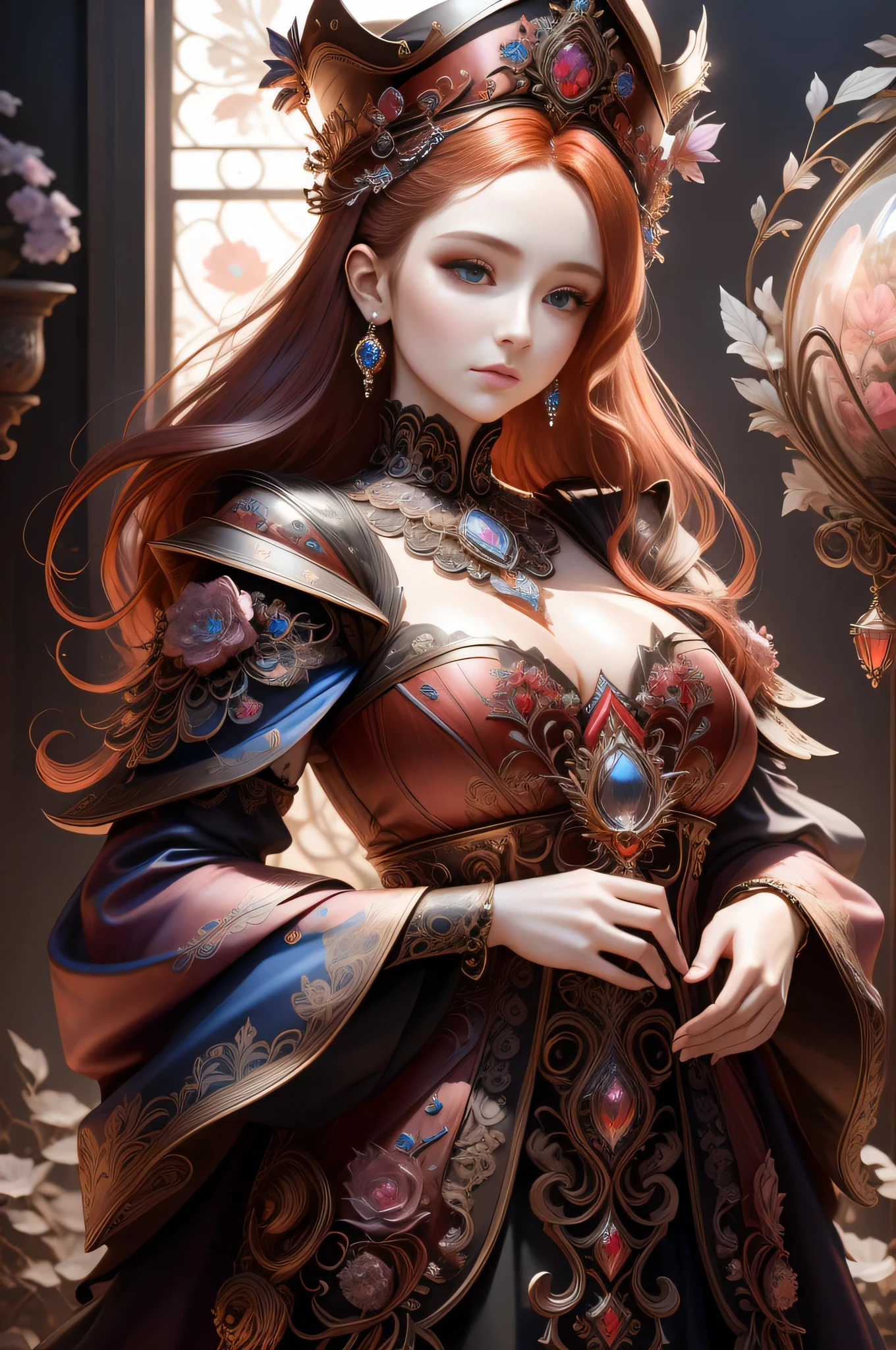 Bust of a beautiful noble maiden，Red chestnut hair is elegantly coiled，（(Wearing a huge blue hat))，Purple clear eyes，The hair is covered with beautiful and delicate floral craftsmanship, Crystal jewelry filigree，Huge crystal globe on the chest，Ultra-detailed details