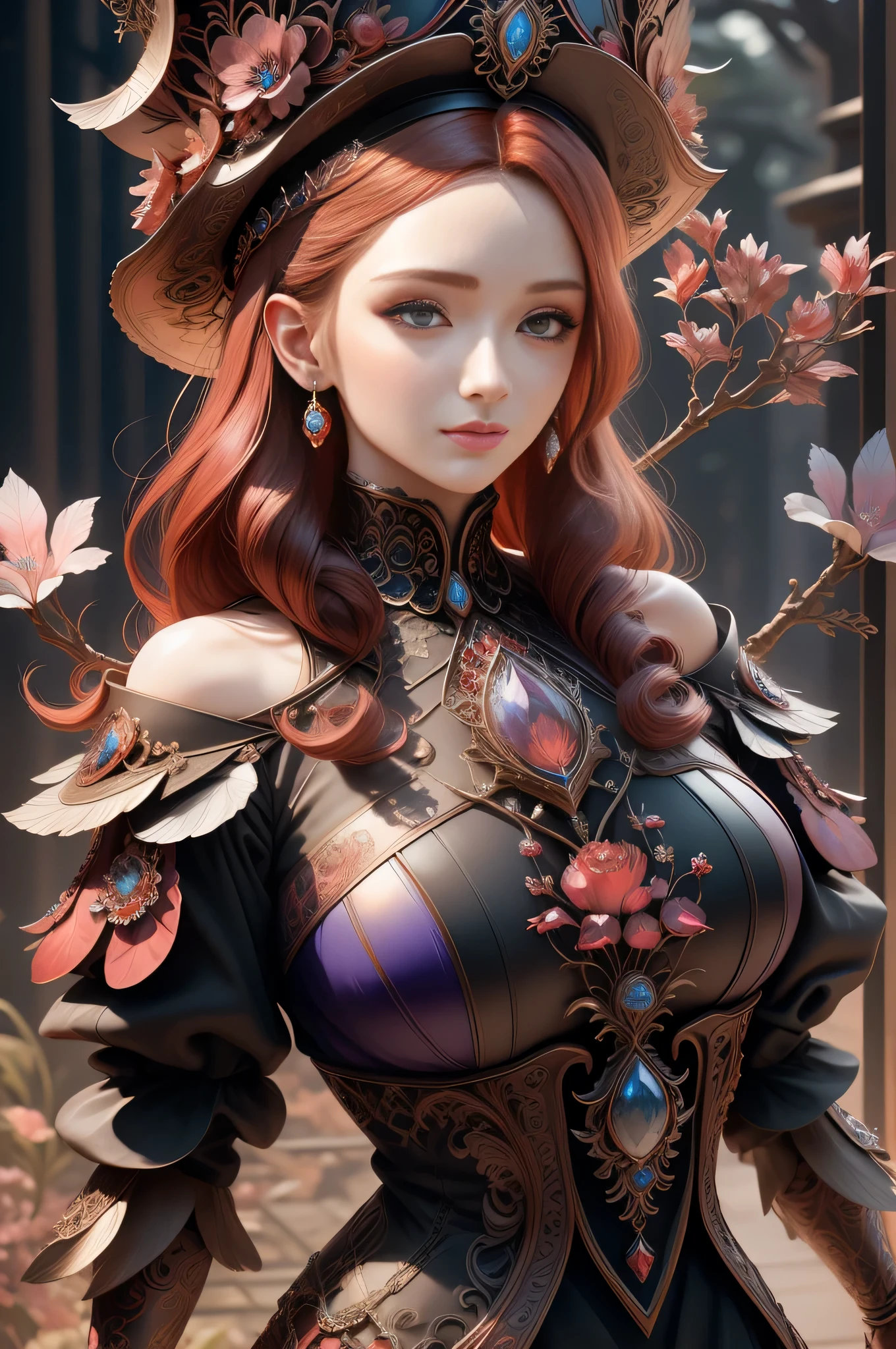 Bust of a beautiful noble maiden，Red chestnut hair is elegantly coiled，（(Wearing a huge blue hat))，Purple clear eyes，The hair is covered with beautiful and delicate floral craftsmanship, Crystal jewelry filigree，Huge crystal globe on the chest，Ultra-detailed details