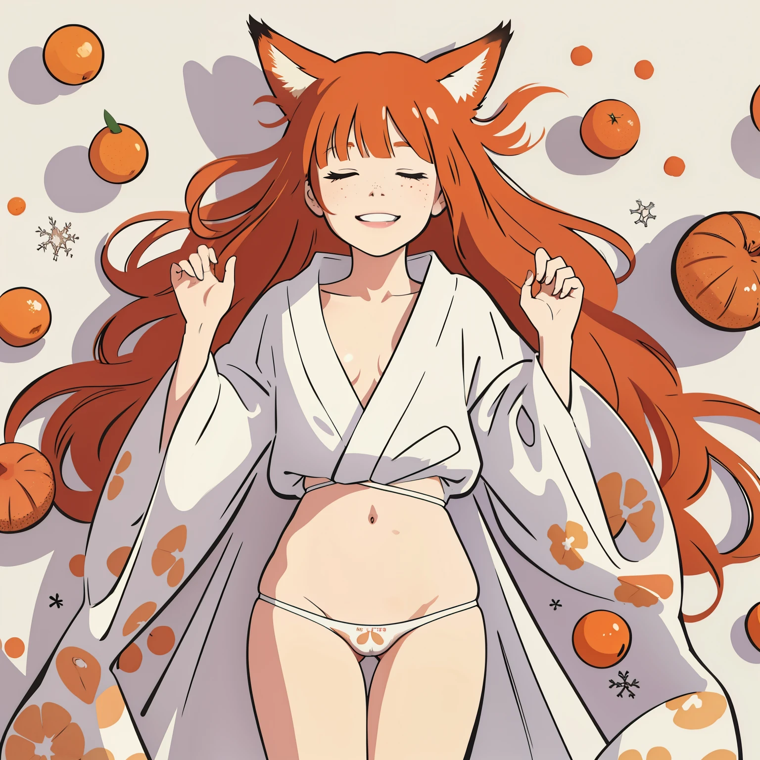 (masterpiece:1.2, best quality), closeup, view from above, 1girl, loli, pite, f chest, long ginger hair, (ginger fox ears), (ginger freckles) (white kimono), off shoulders, (naked breast:1.2), nipples, print panties, lying on snow, in the pile of tangerines, smile, fun, eyes closed, winter, white snow, daylight, anime minimalist, watercolor
