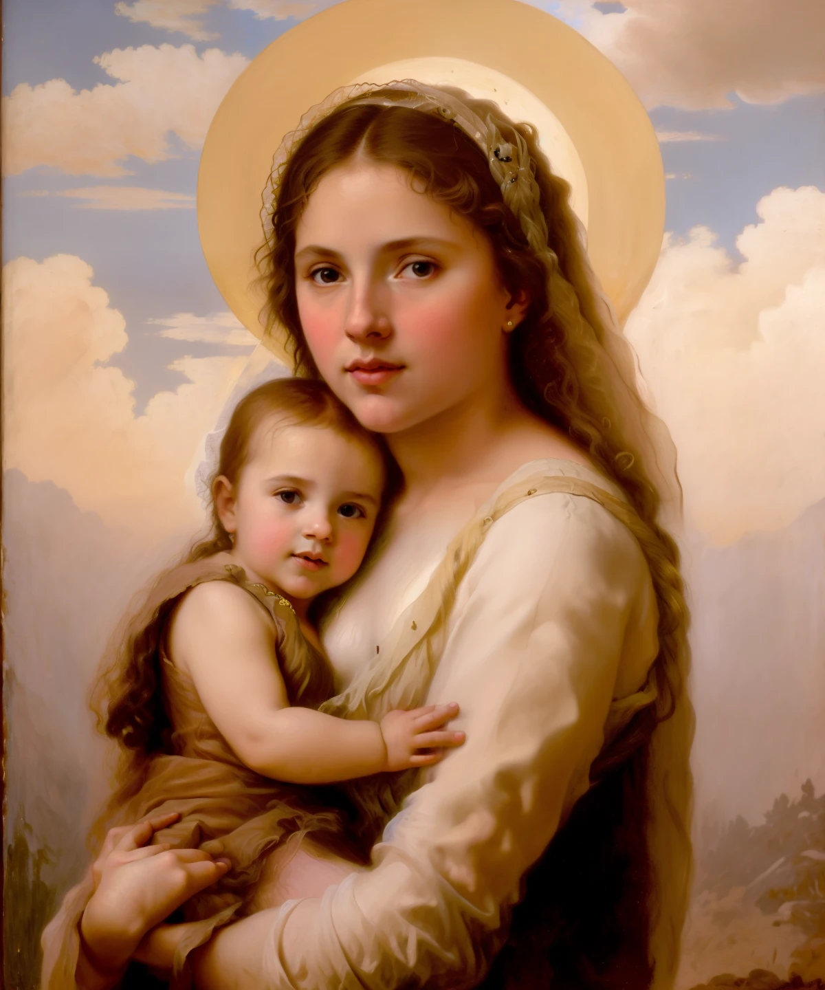 Painting of a woman holding a baby in her arms, Virgem Maria, Com o ****** Jesus, portrait of Virgem Maria, queen of heaven, catholic religious art, Directed by: Juan O'Gorman, Artgerm e William Bouguereau, Holy, Pudica gesto estilo bouguereau, Holy and beautiful, Directed by: William-Adolphe Bouguereau