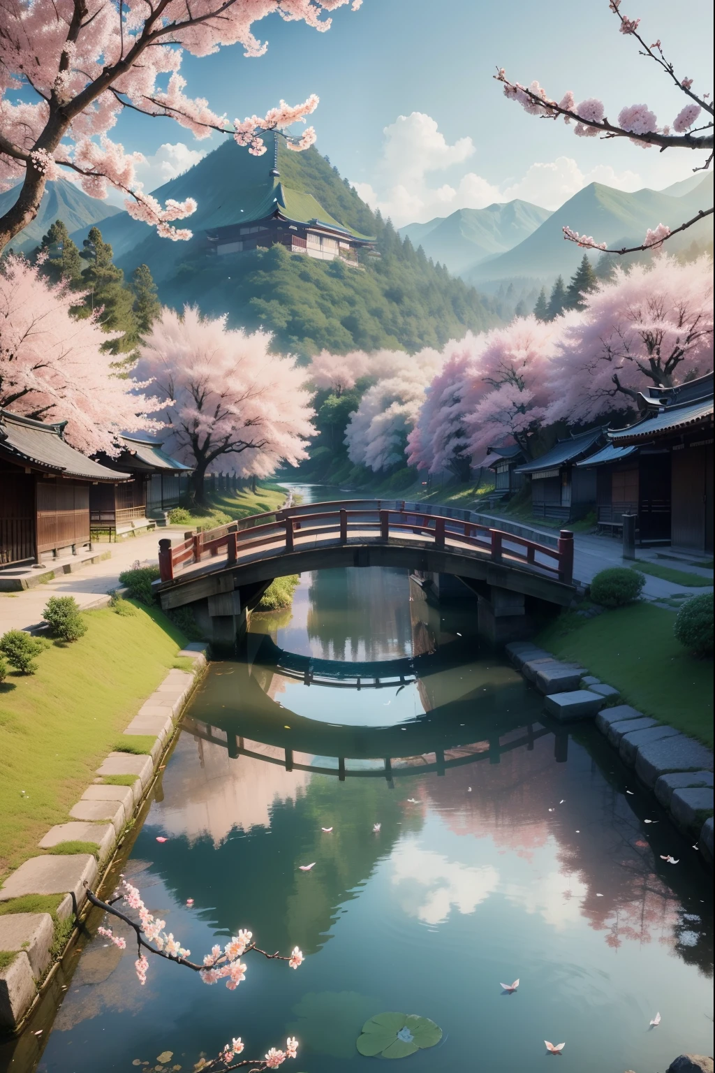 at dawn, cherry trees, Old Japanese settlement by the lake, surrounded by blue water, small bridge and flowing water, Antique Colors, Floral fragrance, Warm as jade, Birds singing and flowers, water city painting, Leisurely, Real Photography, 16K resolution