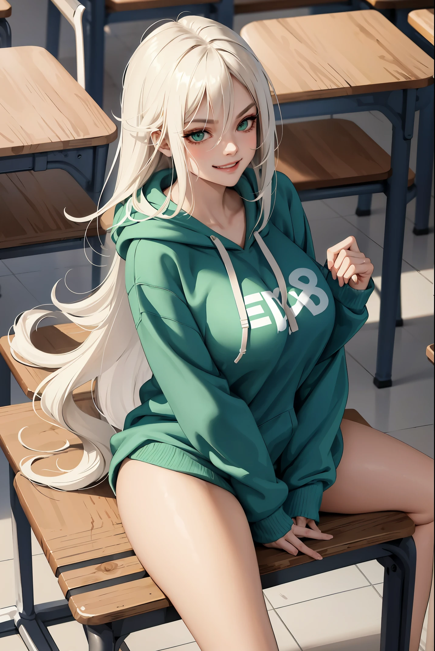 (masterpiece:1.2, best quality), (real picture, intricate details), 1lady, solo, upper body, showing legs, spread legs, legs spread, showing panties, sitting down, school, school settings, long hair, minimal makeup, detailed face, evil smirk, evil expression, mean, really long light platinum blonde hair, bangs, hair between eyes, green eyes, big plump breasts, big ass, SFW, clothes, bare thighs, thighs, no pants, bare legs, oversized hoodie, hoodie, bare legs and hoodie, hoodie and bare legs, (school classroom), (school), (mean smile), (mean girl), (spread legs showing panties)