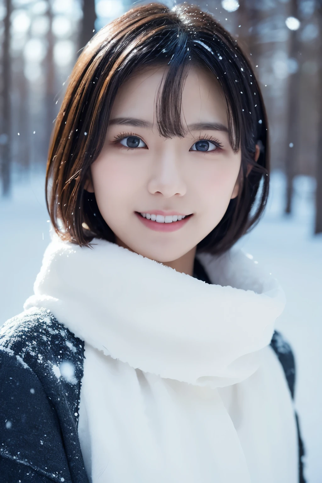 1girl in, (White winter clothes:1.2), Japanese beautiful actress,
(Raw photo, Best Quality), (Realistic, Photorealsitic:1.4), (masutepiece), 
Extremely delicate and beautiful, Extremely detailed, 2k wallpaper, amazing, finely detail, the Extremely Detailed CG Unity 8K Wallpapers, Ultra-detailed, hight resolution, 
Soft light, Beautiful detailed girl, extremely detailed eye and face, beautiful detailed nose, Beautiful detailed eyes, Cinematic lighting, 
winter forest snowfall landscape,  snow is falling rapidly, Frosty tree々, The background is hazy due to snowfall,
Perfect Anatomy, Slender body, Small, short-hair, Smiling