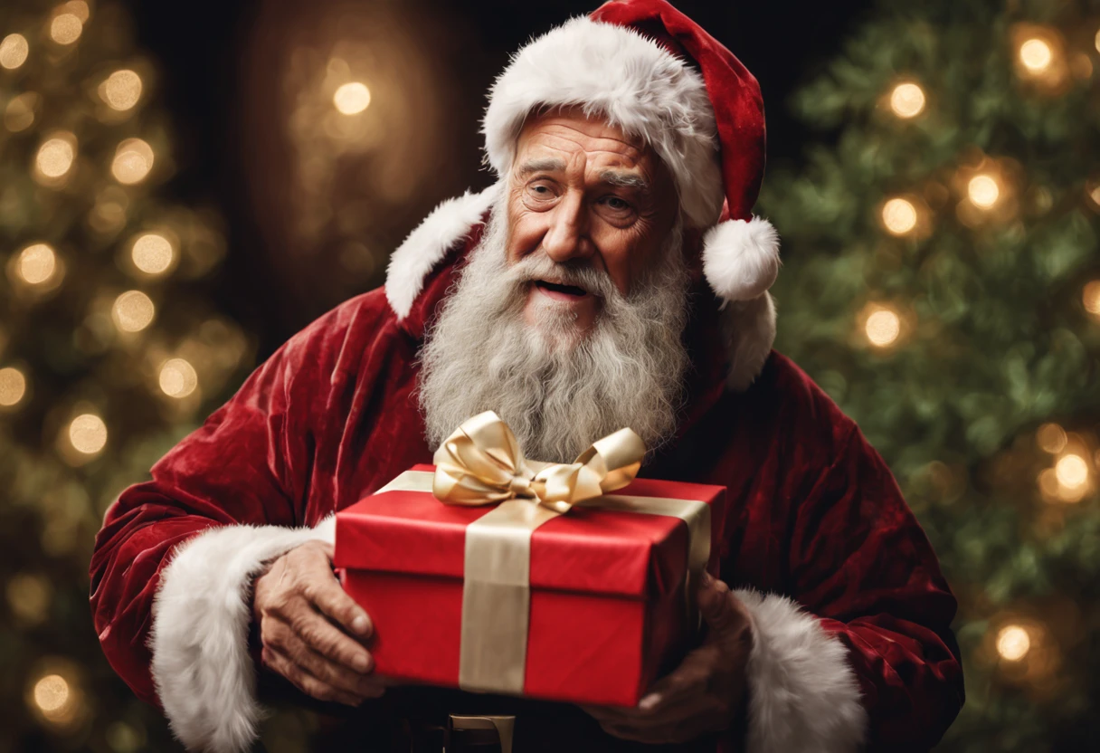 (best quality, 4k, 8k, high resolution, masterpiece: 1.2), ultra detailed, (realistic, photorealistic, photorealistic: 1.37), intricate details,a very excited grandfather giving his grandson a Christmas gift