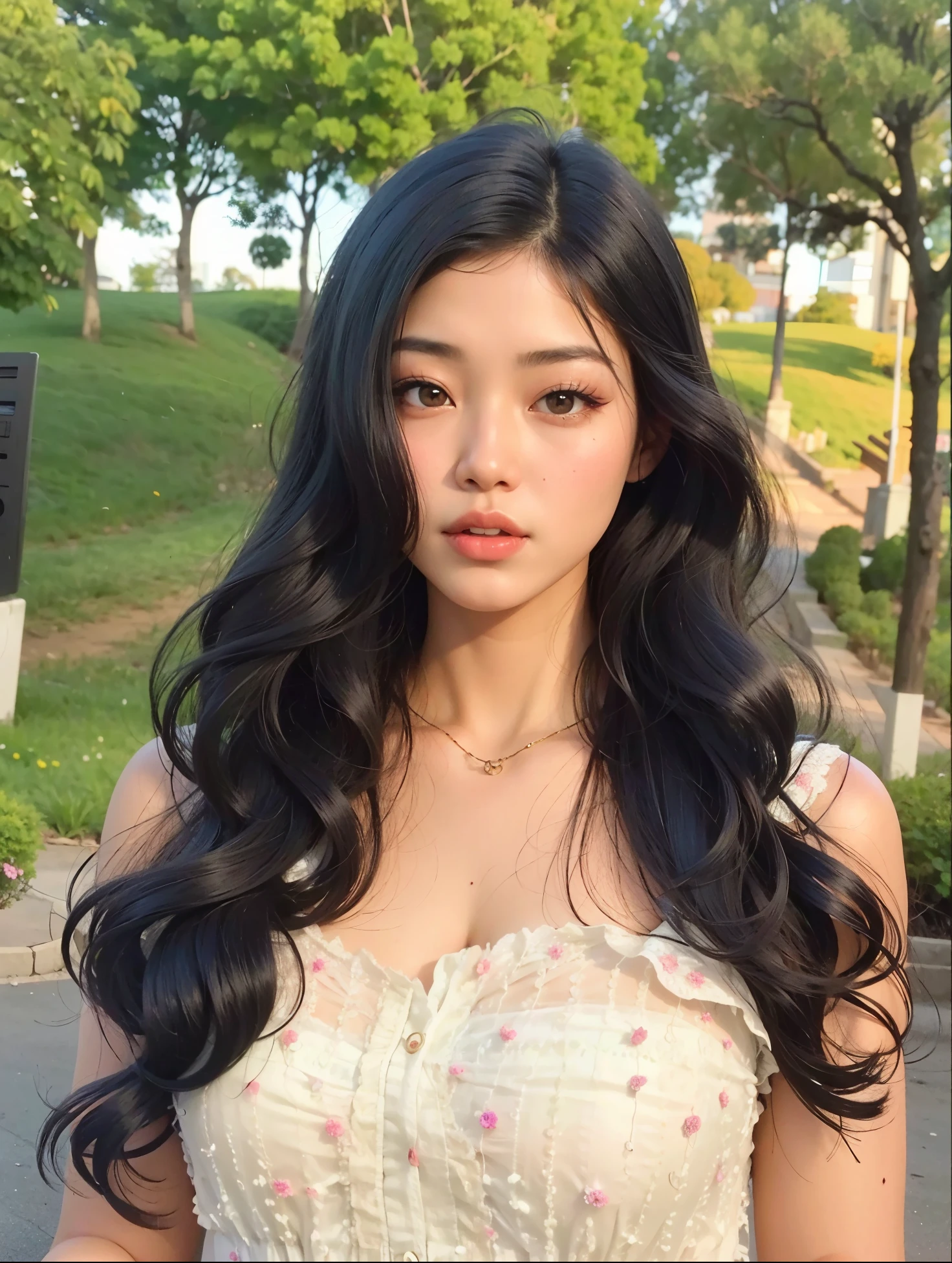 um close up de uma mulher com cabelo comprido usando um vestido, Asian girl with long hair, cabelos pretos longos ondulados, large eyes and flowing long hair, com cabelos longos e olhos penetrantes, asian features, longos cabelos negros ondulados, Beautiful Asian girl, linda mulher coreana jovem, ondulado longo - comprimento cabelo preto, Mulher sul-coreana bonita, cabelos pretos e olhos grandes
