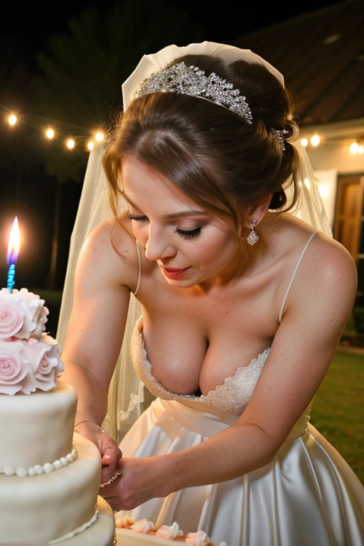 bridal gown, blowing candles on cake, downblouse, outdoors