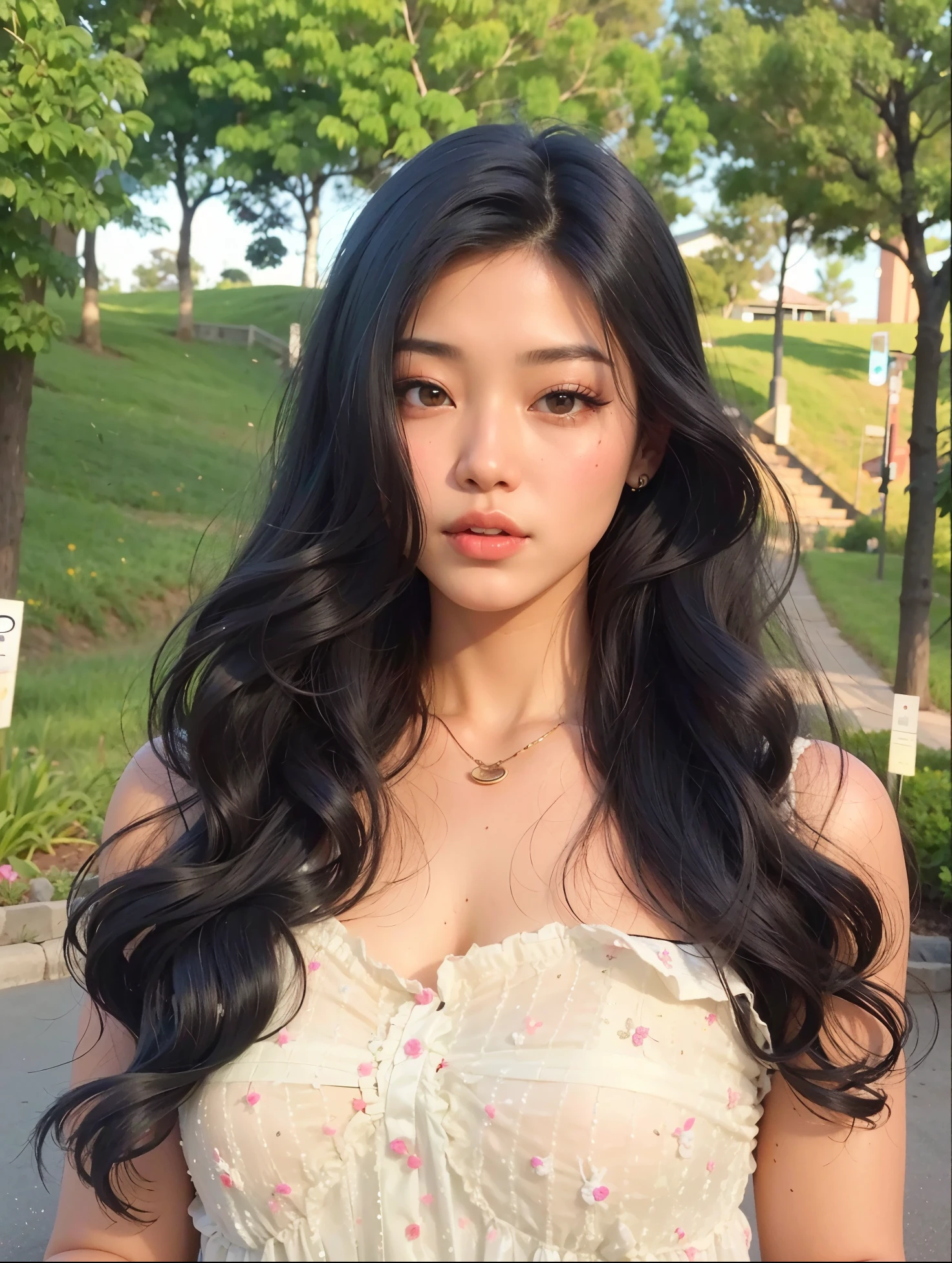um close up de uma mulher com cabelo comprido usando um vestido, Asian girl with long hair, cabelos pretos longos ondulados, large eyes and flowing long hair, com cabelos longos e olhos penetrantes, asian features, longos cabelos negros ondulados, Beautiful Asian girl, linda mulher coreana jovem, ondulado longo - comprimento cabelo preto, Mulher sul-coreana bonita, cabelos pretos e olhos grandes